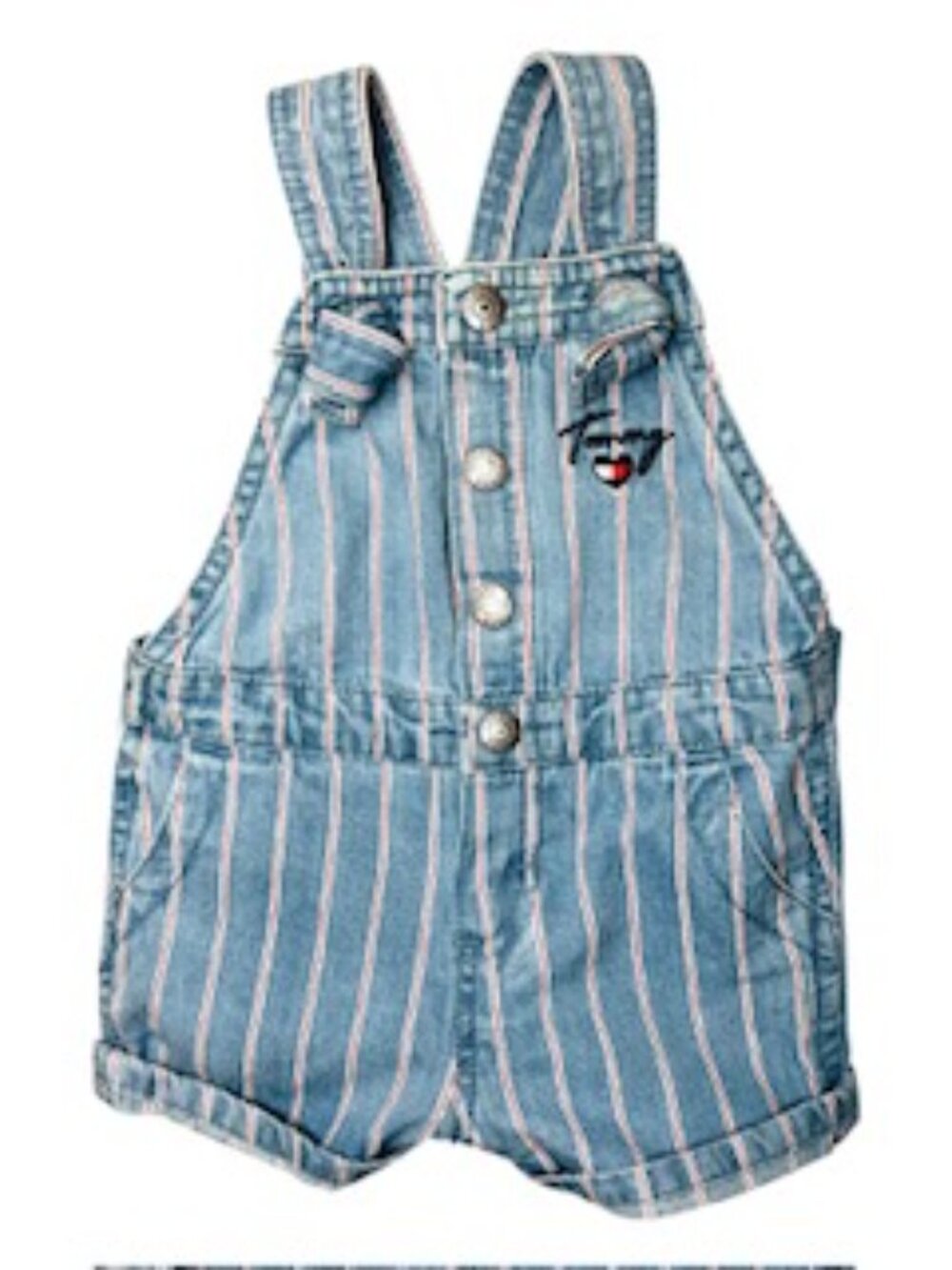 Tommy Hilfiger Girls 6-9M Short Overalls Snaps Light Blue, Red/White Stripes